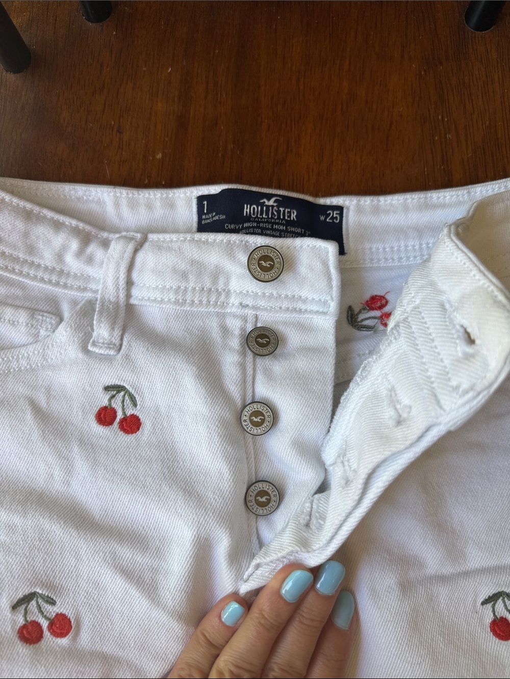 Hollister White Denim Shorts with Red Cherry Embroidery - Picture 3 of 4